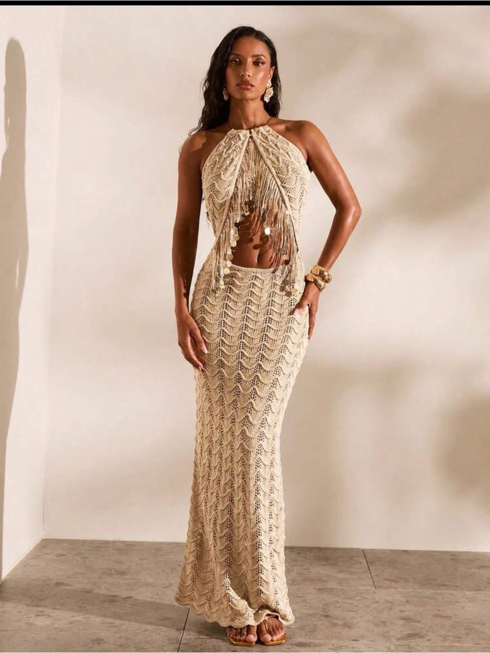 Beige Crochet Fringe Halter Swim Cover-Up dress - Picture 3 of 5